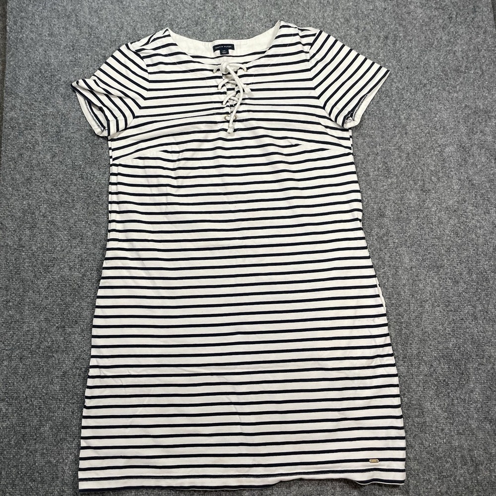 Tommy Hilfiger Polo Dress Large Nautical Stripe Blue White Summer Pockets Short